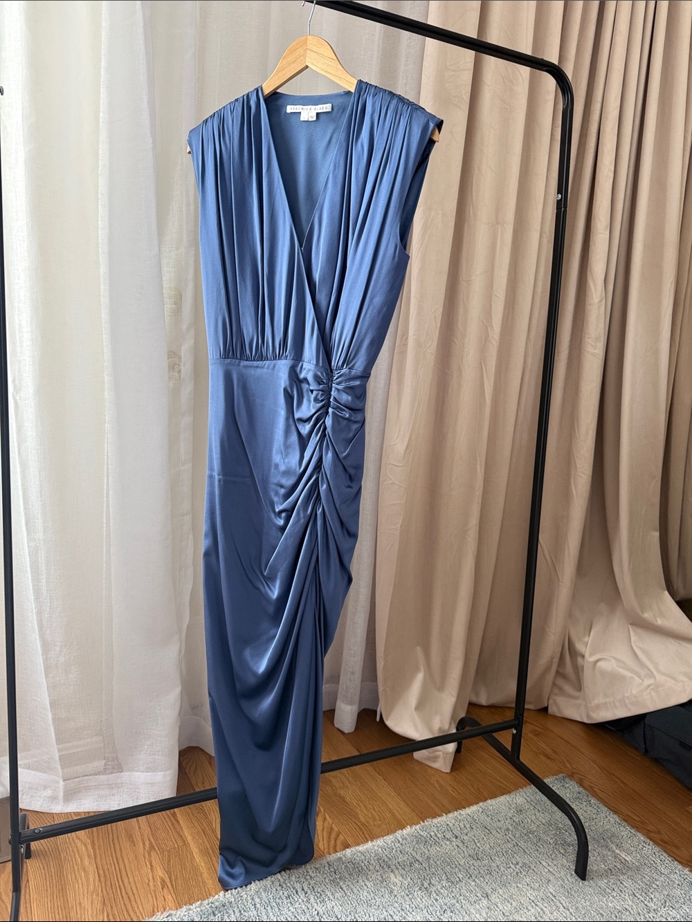 Veronica Beard Steel Blue Ruched V-Neck Maxi Dress